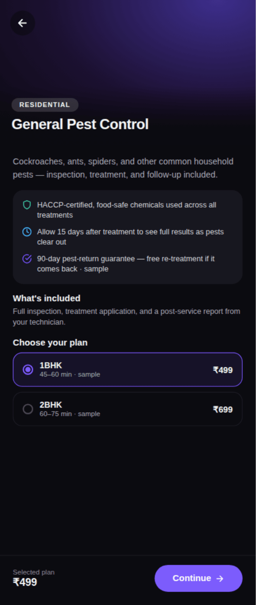Service detail screen — pricing, guarantee, and plan selection