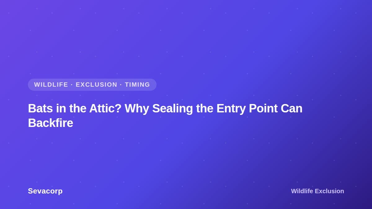 Graphic reading "Bats in the Attic? Why Sealing the Entry Point Can Backfire", tagged Wildlife, Exclusion, Timing