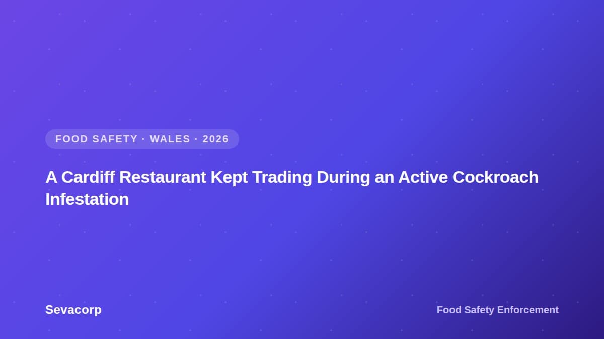 Graphic reading "A Cardiff Restaurant Kept Trading During an Active Cockroach Infestation", tagged Food Safety, Wales, 2026