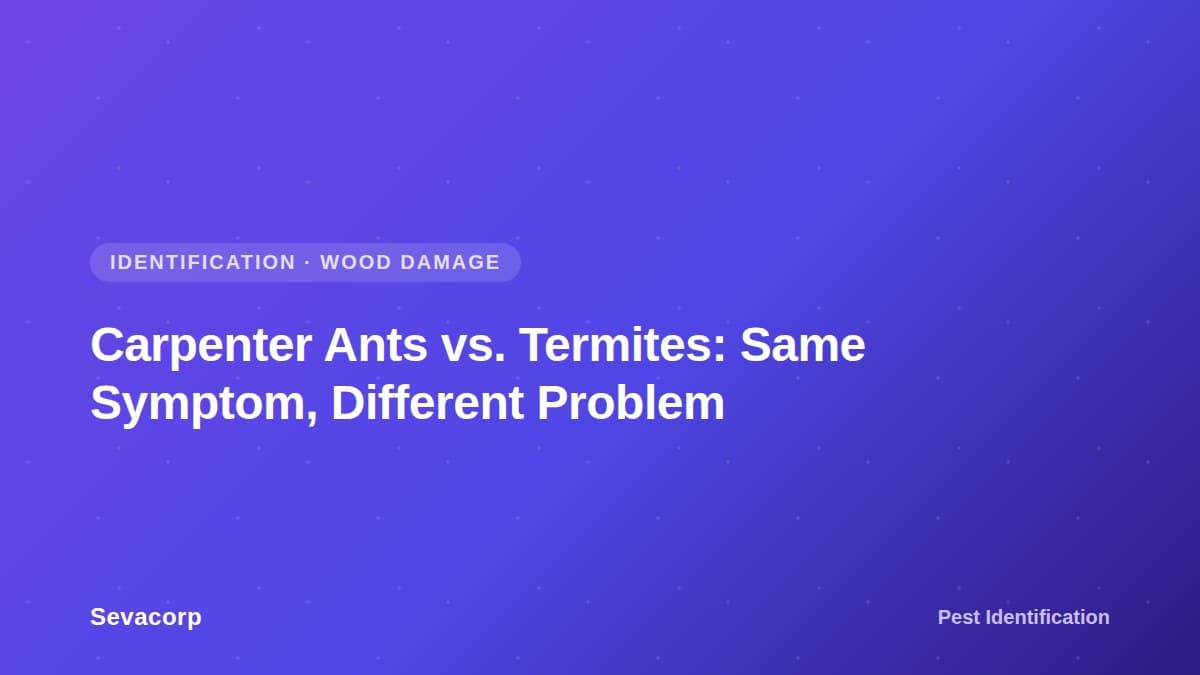 Graphic reading 'Carpenter Ants vs. Termites: Same Symptom, Different Problem', tagged Identification, Wood Damage