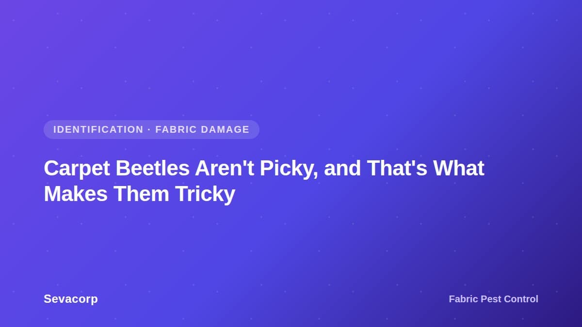 Graphic reading 'Carpet Beetles Aren't Picky, and That's What Makes Them Tricky', tagged Identification and Fabric Damage