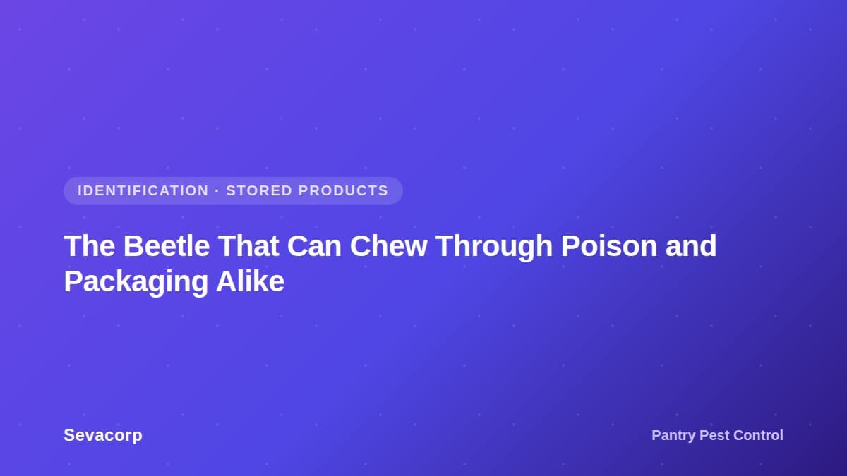 Graphic reading 'The Beetle That Can Chew Through Poison and Packaging Alike', tagged Identification, Stored Products