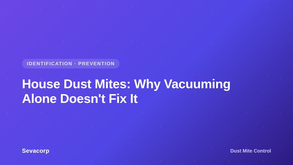 Graphic reading 'House Dust Mites: Why Vacuuming Alone Doesn't Fix It', tagged Dust Mite Control, Identification and Prevention
