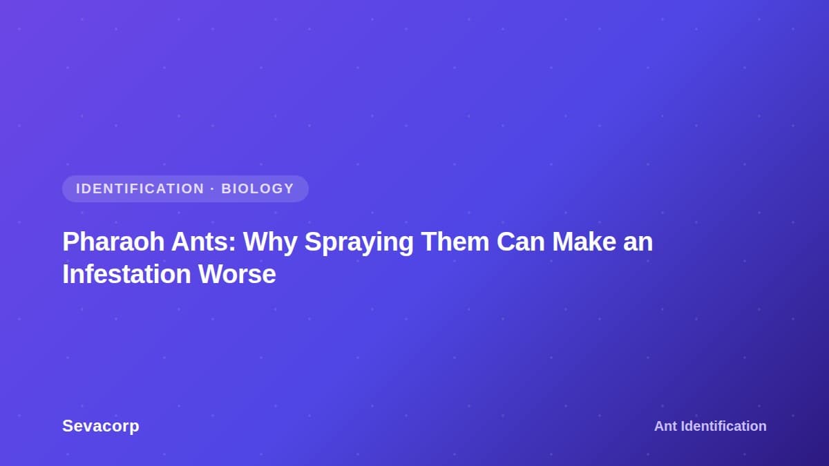 Graphic reading "Pharaoh Ants: Why Spraying Them Can Make an Infestation Worse", tagged Identification and Biology
