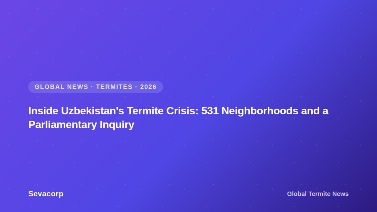 Graphic reading "Inside Uzbekistan's Termite Crisis: 531 Neighborhoods and a Parliamentary Inquiry", tagged Global News, Termites, 2026